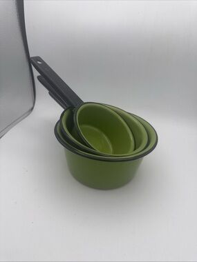 set Of 3 VTG Avocado Green Black Trim Enamelware Saucepans Pots Cottage Core